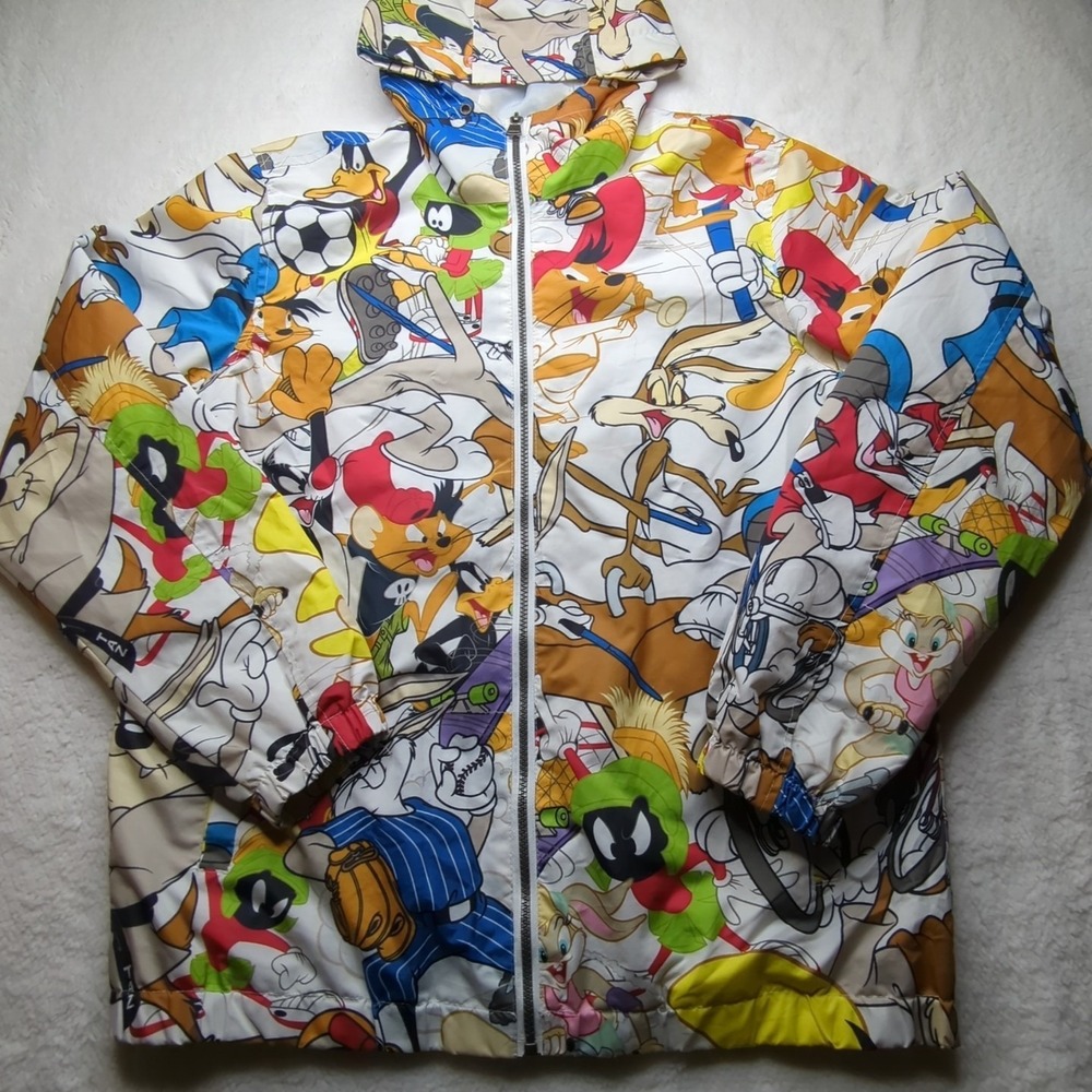Members Only Looney Tunes Jacket W/ Hood Size M White Mesh Lining‎ Windbreaker